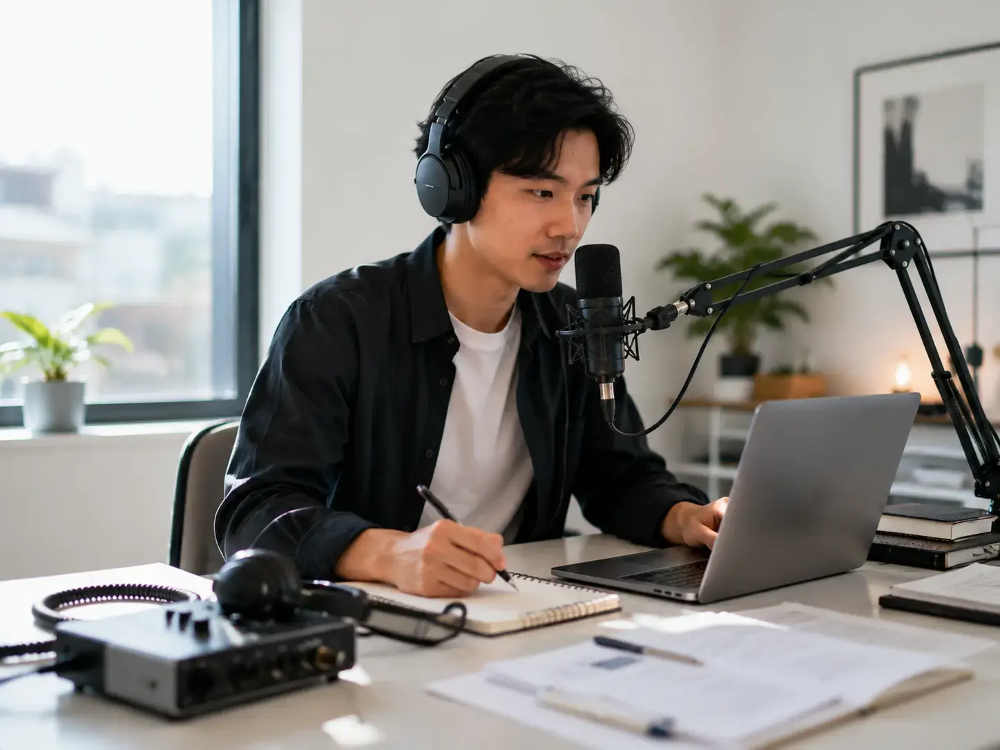 Podcast creator recording and editing content beside a microphone and laptop