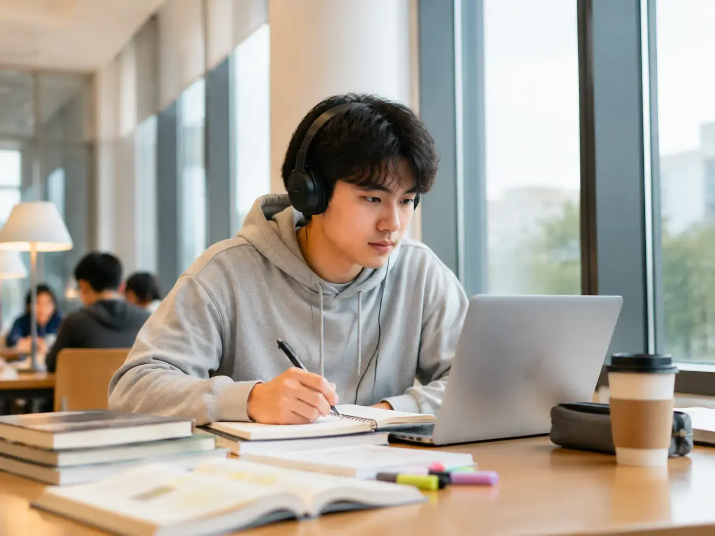 Student studying with headphones while taking notes beside a laptop in a library